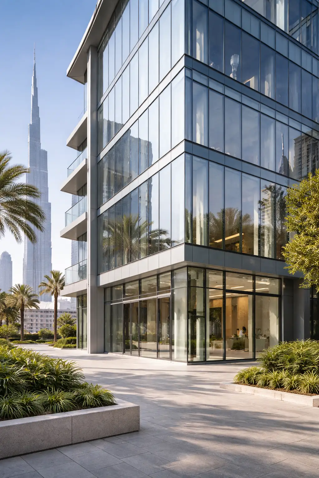Modern glass building with Burj Khalifa in background, showcasing premium architectural glass and aluminium works in Dubai